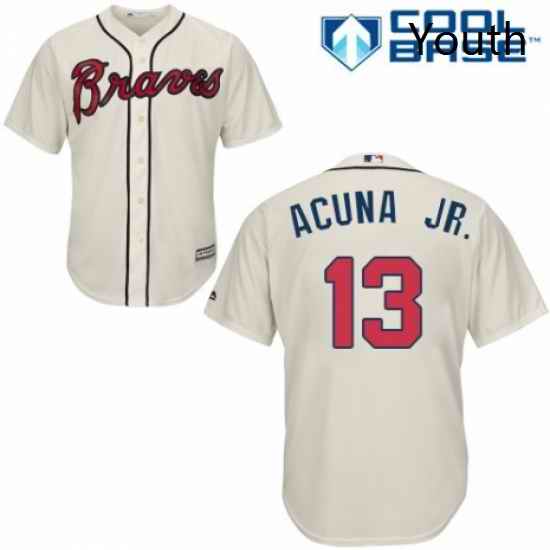 Youth Majestic Atlanta Braves 13 Ronald Acuna Jr Replica Cream Alternate 2 Cool Base MLB Jersey